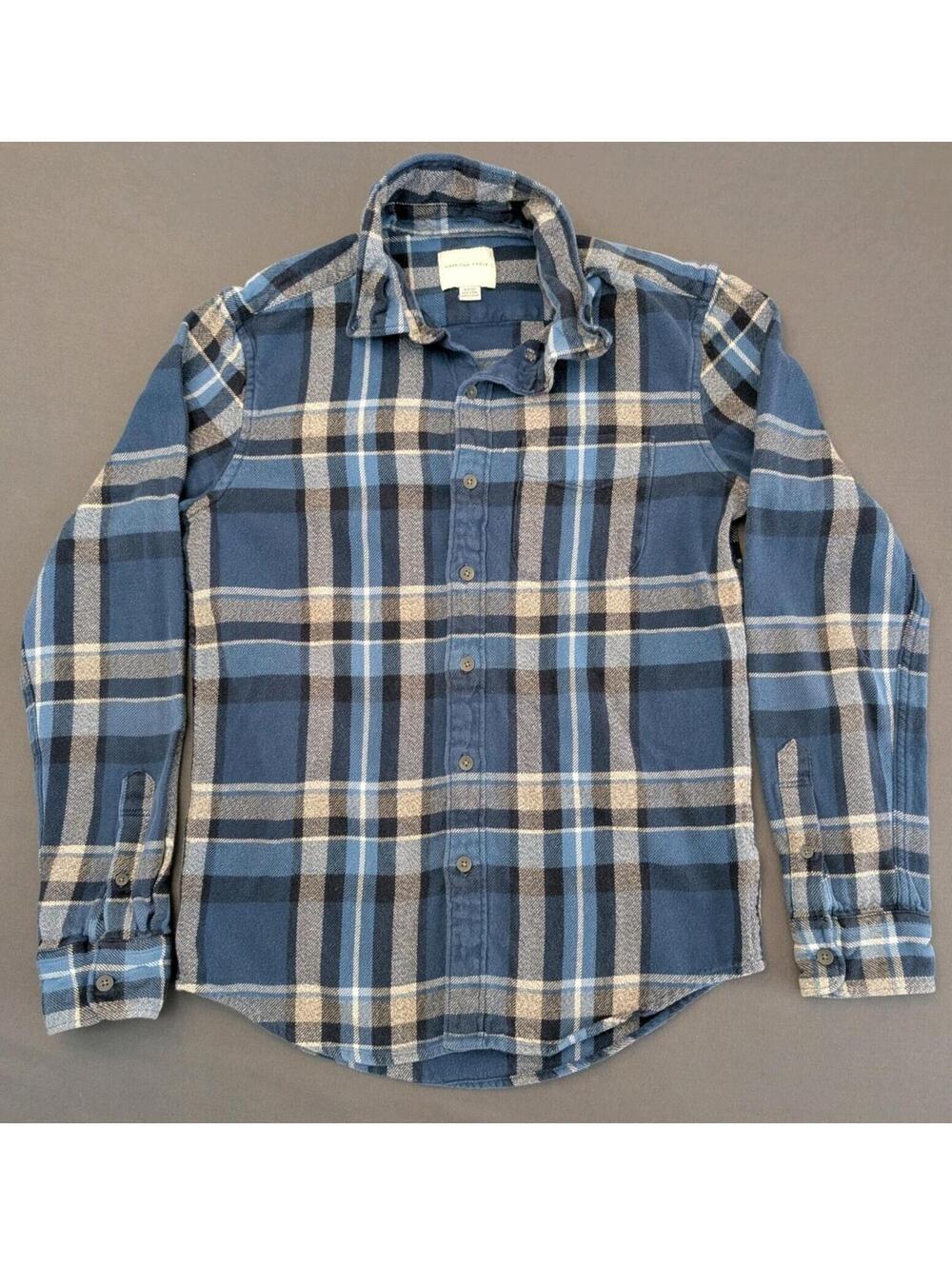 American Eagle Outfitters Mens S Flannel Plaid Button Up Shirt Blue Gray White
